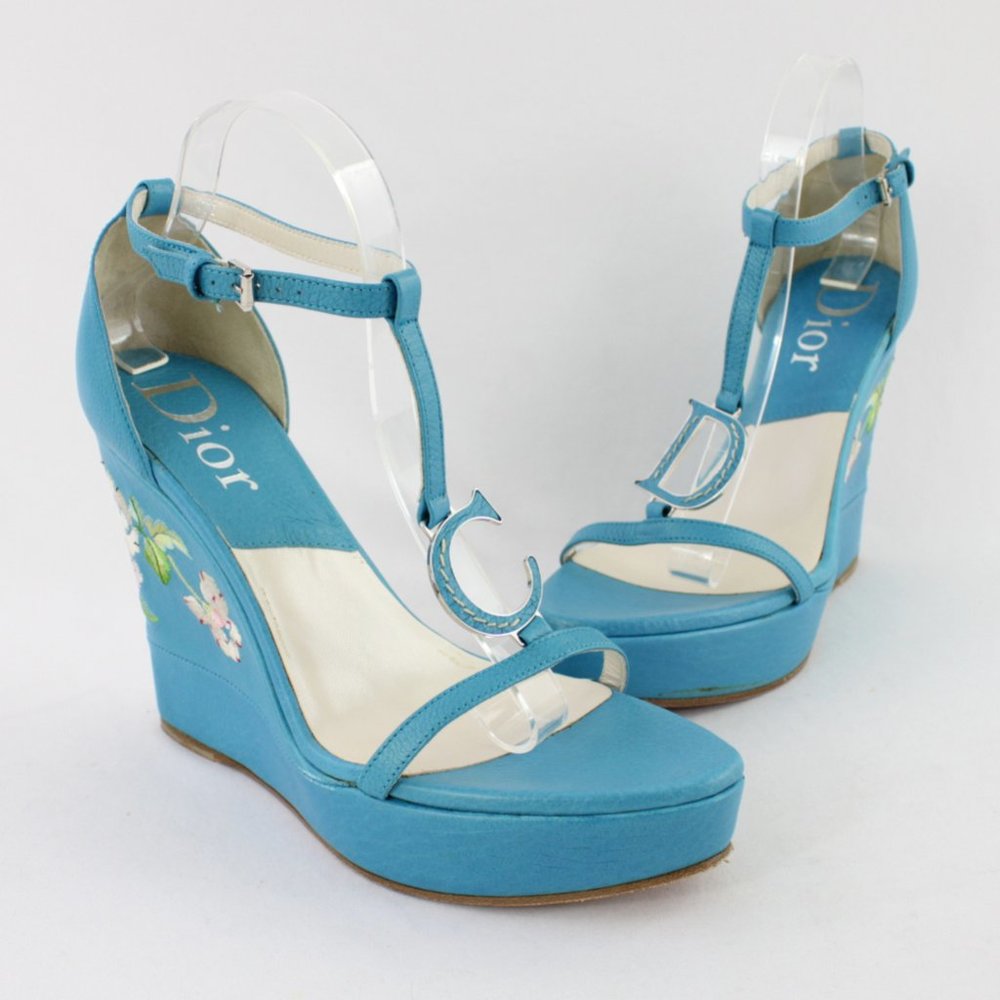 Dior Turquoise Multi Flower Embossed Leather Wedges Sz 40.5 10.5